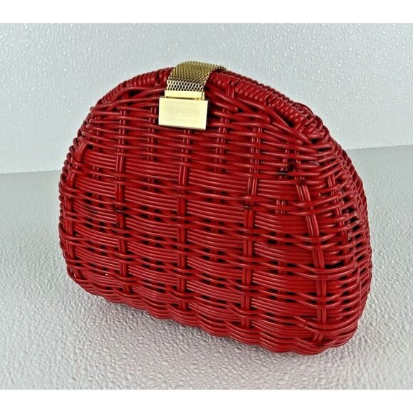 Red Woven Hard Shell Lined Crossbody 21" Gold Chain Strap Bag Gold Snap READ - Picture 6 of 16